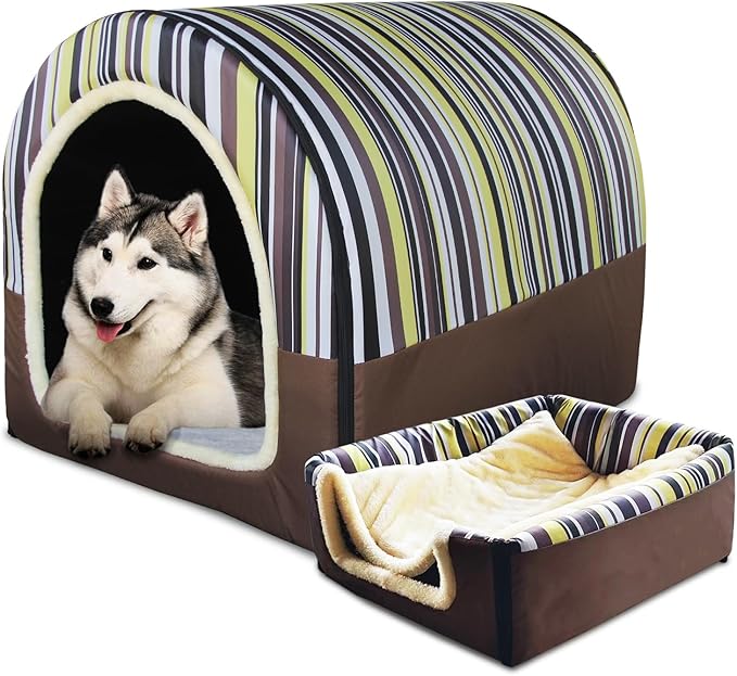 Dog Bed,2 Ways to Use,Indoor Pet House with Fluffy Mat,Removable and Washable Cover,Splash-Proof House and Non-Slip Bottom,for Large Dogs(2XL Vertical Stripes)