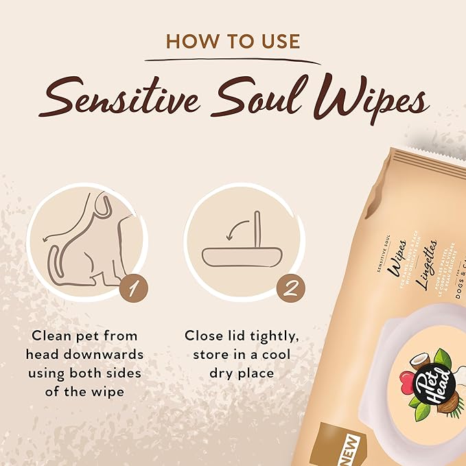 Pet Head Sensitive Soul Dog & Cat Wipes for Paws, Body & Face | Coconut Scent with Aloe Vera | Biodegradable, Plant-Based and Plastic-Free Wipes | an Easy & Speedy Freshen-Up | Made in USA | 100 Pack