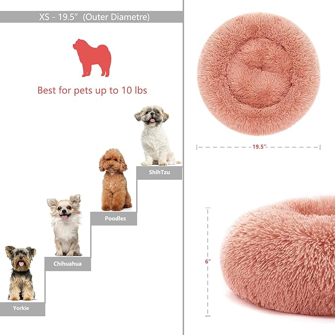 Dog Beds for Small Dogs 19 inches Anxiety and Calming Pink Dog Beds Washable Fluffy and Plush Cute Puppy Beds for Small Dogs Girl Fits up to 15 lbs Pets Beds for Small Dog.