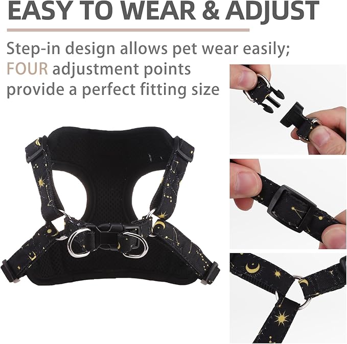 PUPTECK No Pull Dog Harness and Leash Set Reflective No Choke Step in Puppy Halter for XS Small and Medium Sized Dogs, Black, Printed Fabric, S