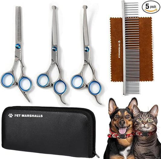 Professional Pet Grooming Scissors Set, 5-in-1 Stainless Steel Kit with Comb