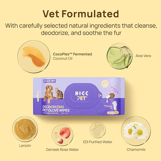 HICC PET Dog Wipes Cleaning Deodorizing, Hypoallergenic Grooming Bath Glove Wipes with Coconut Oil - Remove Dirt and Odors, Nourish Fur and Sooth Skin, Travel Cleaning Wipes for Dogs & Cats