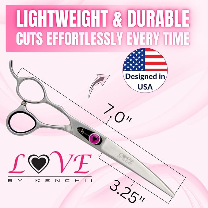 Kenchii Left Handed Dog Grooming Scissors | 7 Inch Shears | Curved Scissors for Dog Grooming | Love Collection Dog Shears | Pet Grooming Accessories | Pet Hair Trimming Scissor