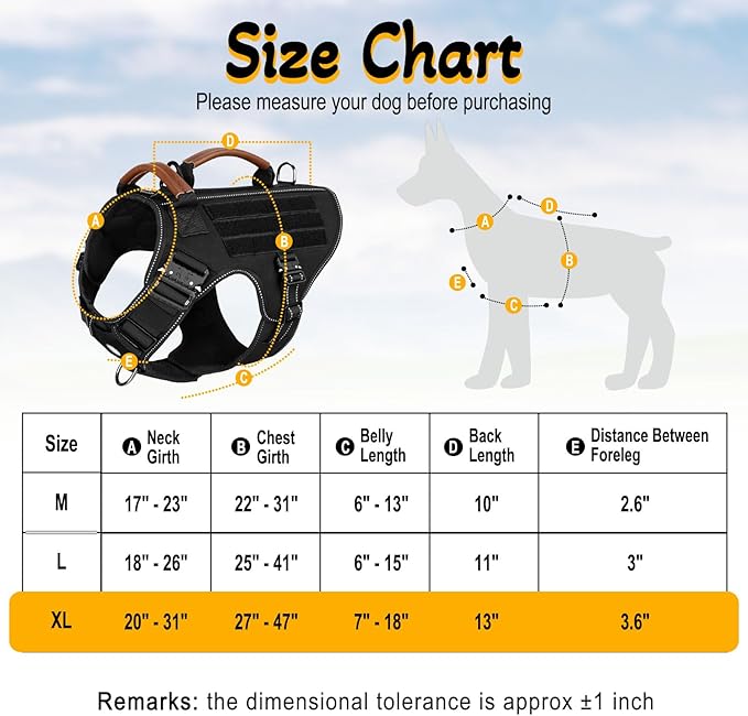 Service Dog Vest - HEYCAHVA Tactical Dog Harness Full Metal Buckles Dog Vest for Large Medium Dog Reflective No Pull Dog Harnesses with Leather Handle, Hook & Loop for Hiking Training (Black, XL)