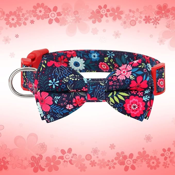 Didog Floral Dog Collar with Bow, Cute Girl Dog Collars with Detachable Bowtie, Soft & Comfy Spring Summer Dog Collar for Small Medium Large Dogs Gift Holiday, Red, L