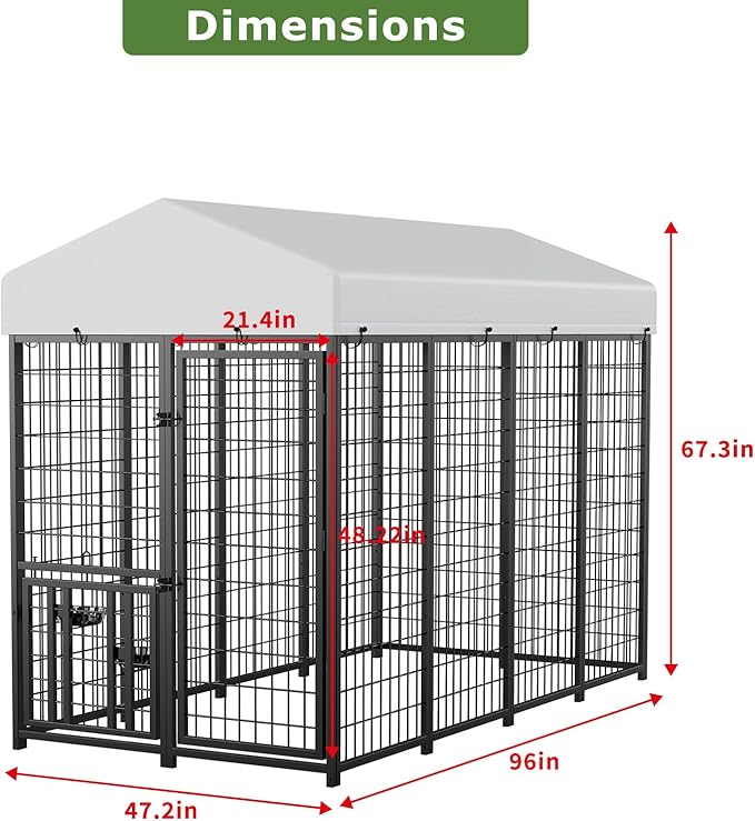 ROOMTEC Large Dog Kennel Outdoor Pet Pens Dogs Run Enclosure Animal Hutch Metal Coop Fence with Roof Cover (8'L x 4'W x 5.6'H)