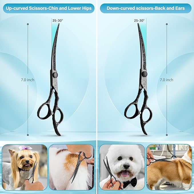 Dog Grooming Scissors,Black with Safety Round Tips,5 in 1 Curved Dog Scissors for Grooming,Professional Pet Grooming Shears Set for Dogs and Cats