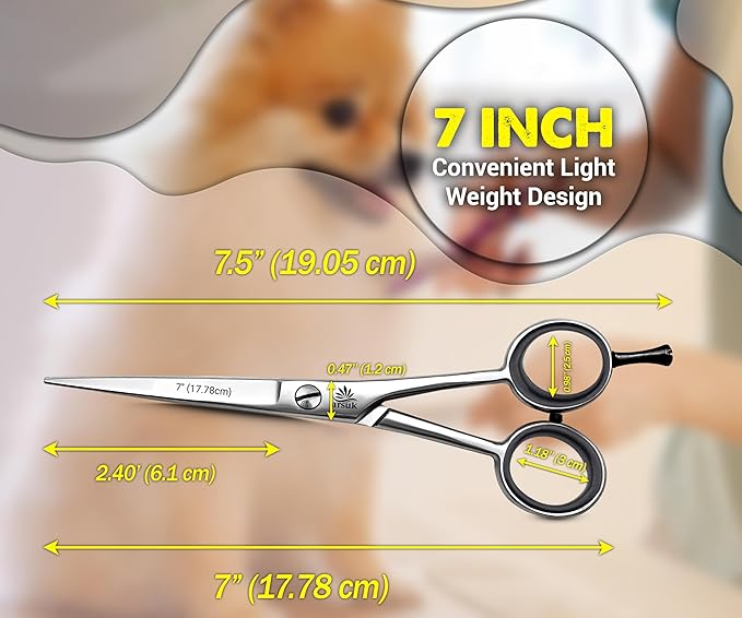ARSUK Dog Grooming Scissors 7-Inch – Professional Pet Hair Cutting Shears for Dogs, Cats & Horses – Straight Stainless Steel Trimming Scissors with Rubber Grip & Finger Rest