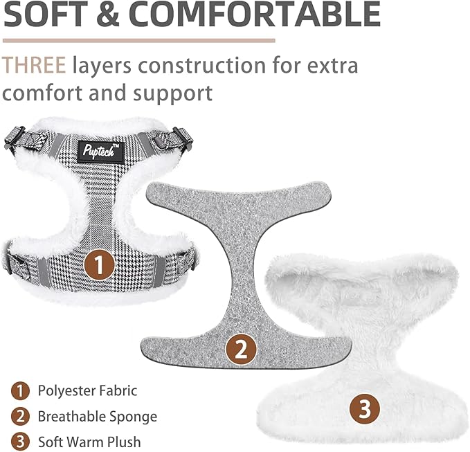 PUPTECK No Pull Dog Harness and Leash Set Reflective No Choke Step in Puppy Halter for XS Small and Medium Sized Dogs, Grey Plaid, Plush, XS