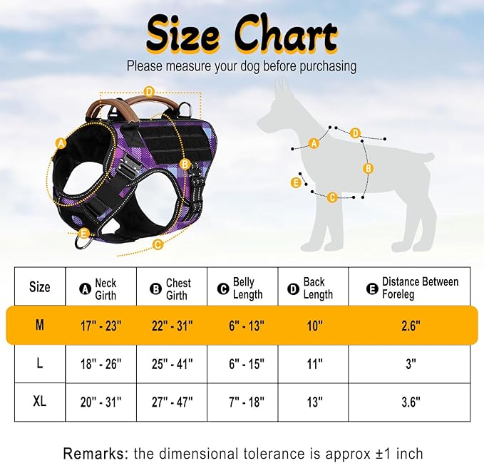 Tactical Dog Harness - HEYCAHVA Service Dog Vest Full Metal Buckles Dog Vest for Medium Large Dog Reflective No Pull Dog Harnesses Vest with Leather Handle, Hook & Loop for Hiking Training (Purple, M)