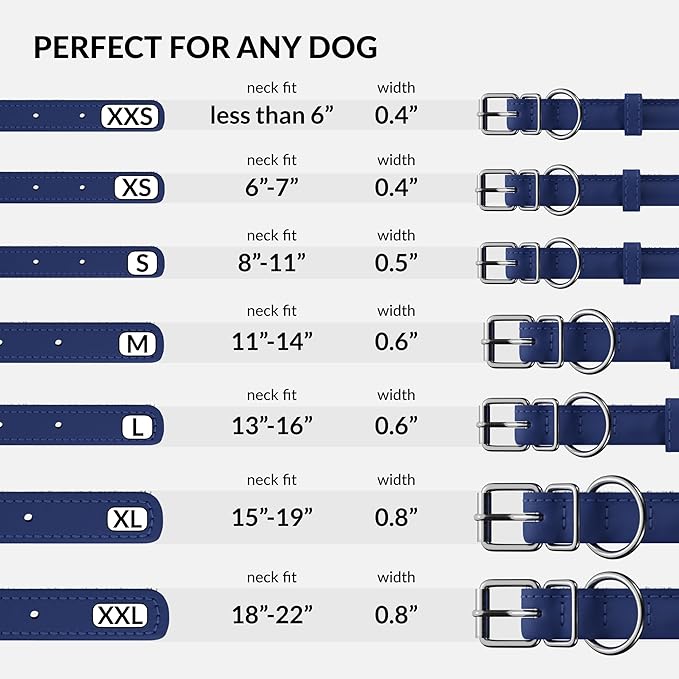 CollarDirect Rolled Leather Dog Collar, Soft Padded Round Puppy Collar, Handmade Genuine Leather Collar Dog Small Large Cat Collars 13 Colors (15-19 Inch, Deep Blue Smooth)