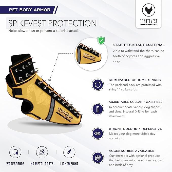 CoyoteVest SpikeVest Dog Harness Vest for Small Dogs, Reflective Dog Vest with Spikes to Shield Your pet from Coyotes, Raptor and Animal Attacks, Anti Hawk Vest, Made in USA (XXS-Yellow)