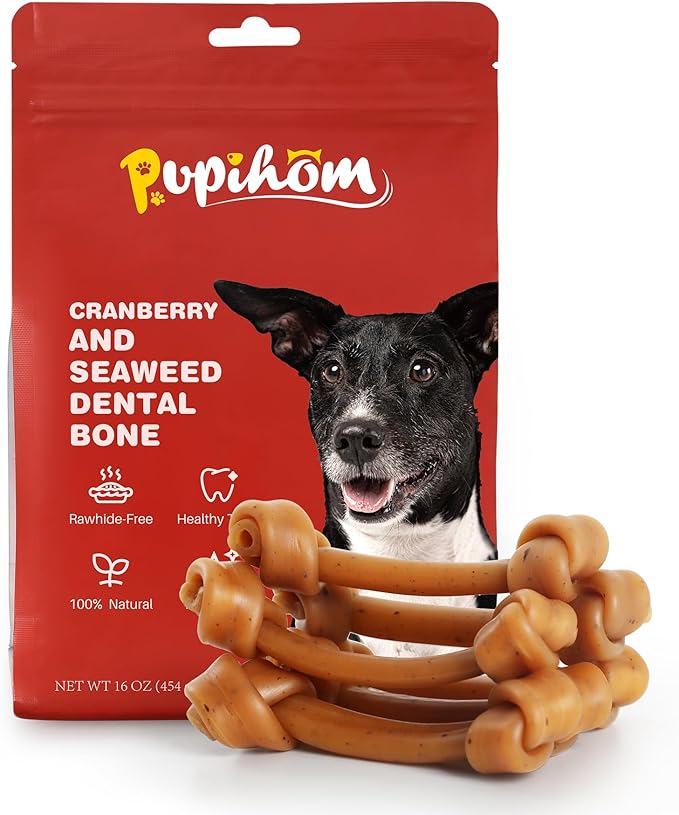 Large 6.5" Cranberry and Seaweed Chewy Bones Dog Treats,16OZ Rawhide Free Dog Treats 6 Packs Dog Chewy Treats for Aggressive Chewers Medium and Large Dogs