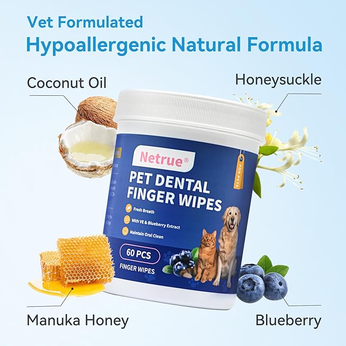 Netrue Dog Teeth Cleaning Wipes, Dog Dental Cleaning Finger Wipes for Dogs Teeth,Dog Tooth Wipes- Reduces Plaque & Freshens Breath (60 Count)
