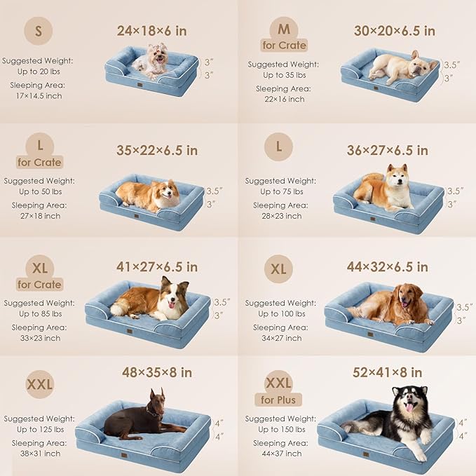 EHEYCIGA Orthopedic Dog Beds for Large Dogs, Waterproof Memory Foam Large Dog Bed with Sides, Non-Slip Bottom and Egg-Crate Foam Large Dog Couch Bed with Washable Removable Cover, Washed Blue