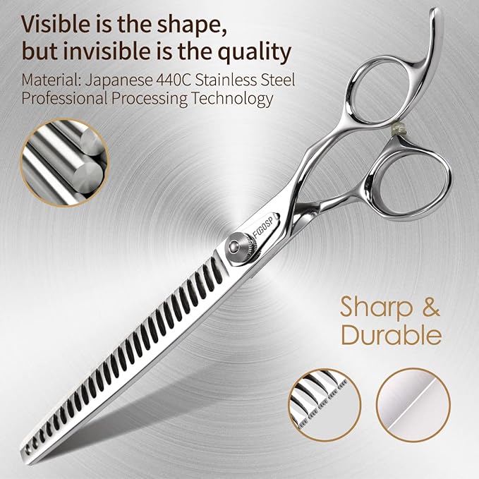 Professional Thinning Shears for Dogs with Micro Serrated Edge 8 inch Dog Grooming Scissors Long Chunkers Shears Japan 440C 70% Thinning Rate 26 Teeth(8in)