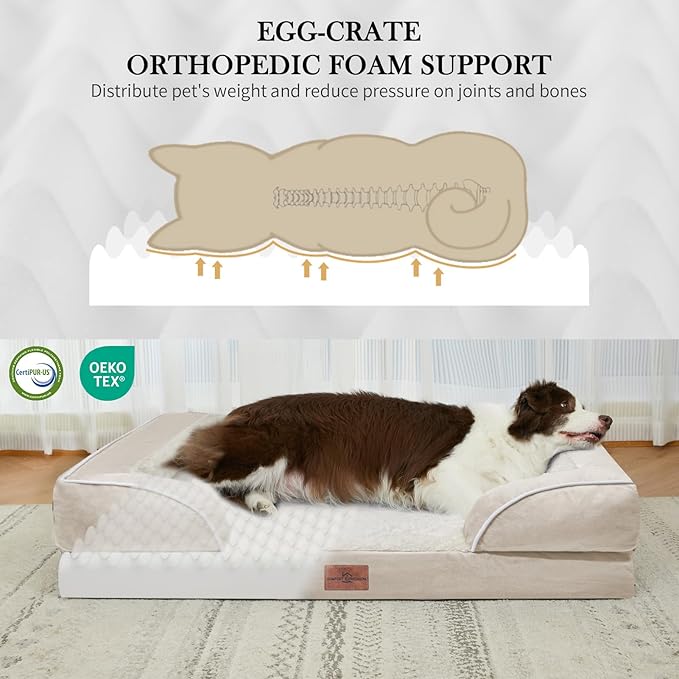 XL Dog Beds for Extra Large Dogs, Waterproof Orthopedic Dog Bed with Bolster, Washable Dog Bed Sofa with Removable Cover & Non-Slip Bottom(X-Large,Beige)
