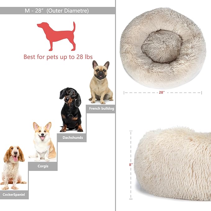 Small Dog Bed Calming Dogs Bed for Small Medium Large Dogs Anti-Anxiety Puppy Bed Machine Washable Warming Cozy Soft Pet Round Bed Fits up to 10-100 lbs (Medium (Pack of 1), Beige)
