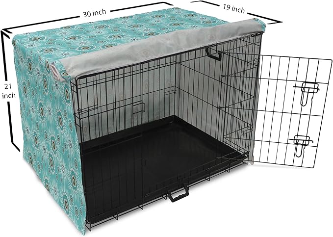 Lunarable Abstract Dog Crate Cover, Surreal and Flourishing Botanical Floral Ornaments Pattern, Easy to Use Pet Kennel Cover for Cats & Medium Dogs, 30 Inch, Cadet Blue Grey