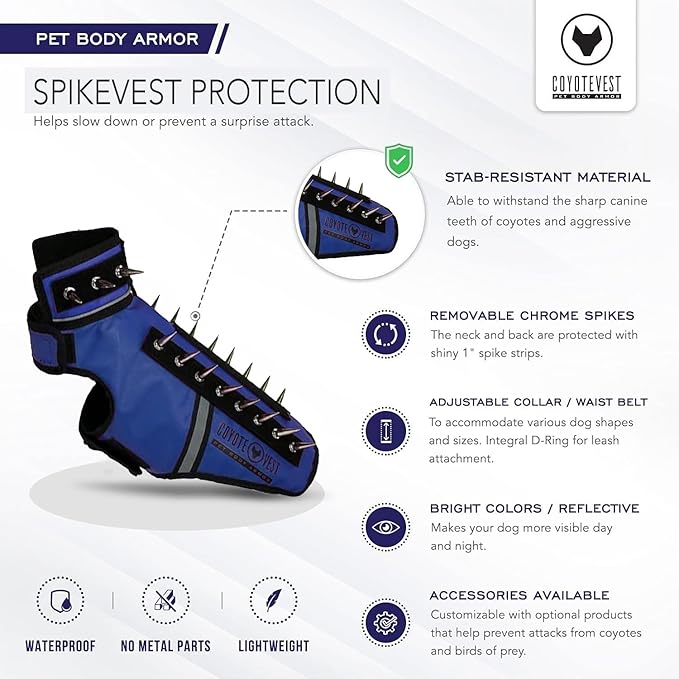 CoyoteVest SpikeVest Dog Harness Vest for Small Dogs, Reflective Dog Vest with Spikes to Shield Your pet from Coyotes, Raptor and Animal Attacks, Anti Hawk Vest, Made in USA (M-Royal Blue)