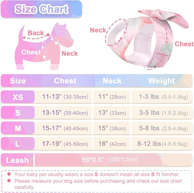 PETCARE Cute Bow Tie Dog Harness and Leash Set Elegant Rainbow Gradient Puppy Harness No Pull Soft Mesh Pet Cat Dog Vest Harnesses for Small Dogs Cats, Pink