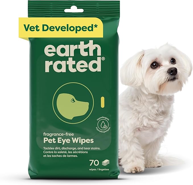 Earth Rated Vet-Developed Pet Eye Wipes, Hypoallergenic Cleaner for Dogs & Cats Eyes to Remove Dirt & Discharge, Fragrance Free, 70 Count