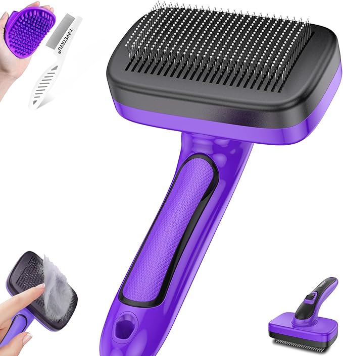 Dog Brush for Shedding, Self-Cleaning Slicker, 3 PCS Kit with Bath Brush & Flea Comb, Ideal for Short & Long Haired Pets, Removes Mats, Tangles, Fur, Gentle on Skin, for All Dogs. Purple