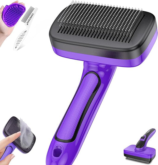 Dog Brush for Shedding, Self-Cleaning Slicker, 3 PCS Kit with Bath Brush & Flea Comb, Ideal for Short & Long Haired Pets, Removes Mats, Tangles, Fur, Gentle on Skin, for All Dogs. Purple