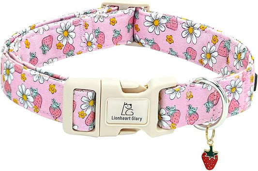 Lionheart glory Dog Collar Strawberries Print Pink Dog Collars Girl Spring Summer Cute Collar Pet Gift Durable Adjustable Dog Collar for Small Dogs