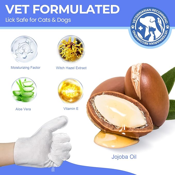 Pet Cleaning Glove Wipes for Dogs & Cats, Hypoallergenic Deodorizing Disposable No-Rinse Grooming Wipes, Extra Thick Bathing Wipes,Perfect for Pet Dry Cleaning,Daily Care and Travel,48 pcs