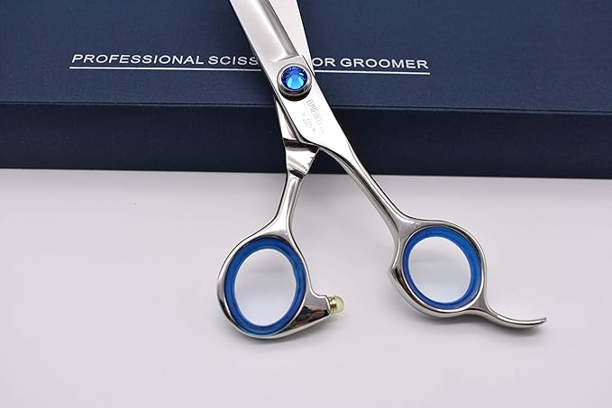 Professional Shear Scissors for Pet/Dog Grooming 7 Inch Curved Dog Scissors for Groomer Classic Blue Diamond Screw Stainless Steel Forged(7.0" Curved Blue Diamond)