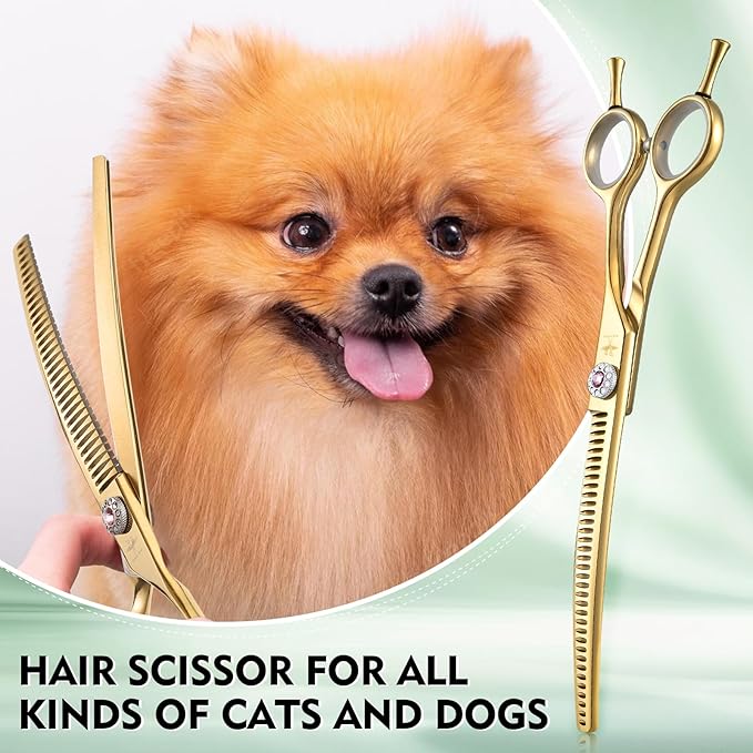 PURPLEBIRD Curved Shears Dog Grooming Chunkers, 7 inch Professional Thinning Scissors Safety Blunt Tip Trimming Scissors for Dogs Cats Face Paws Limbs Japanese Stainless Steel (Yellow)
