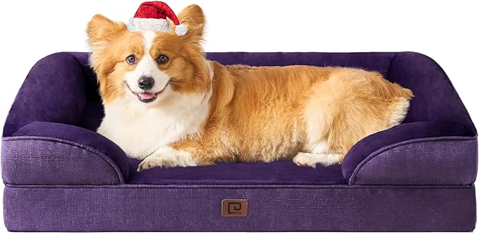 EHEYCIGA Orthopedic Dog Beds for Large Dogs, Waterproof Memory Foam Large Dog Bed with Sides, Non-Slip Bottom and Egg-Crate Foam Large Dog Couch Bed with Washable Removable Cover, Purple