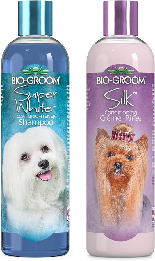 Bio-Groom Dog Shampoo and Conditioner Set - Whitening Shampoo for Dogs, Moisturizing Conditioner for Dry, Itchy, Sensitive Skin - Silk Creme Rinse & Brightening Shampoo, 12 Fl Oz Each (1 Set)