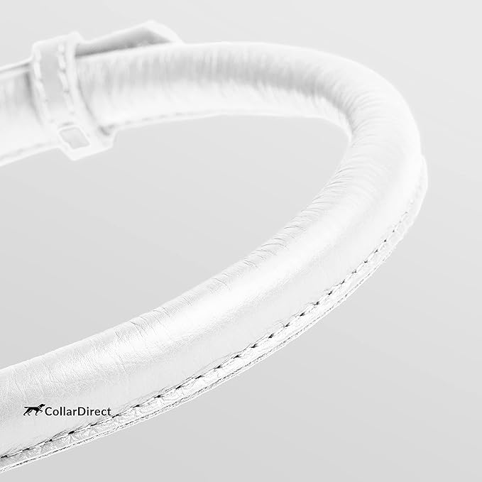 CollarDirect Rolled Leather Dog Collar, Soft Padded Round Puppy Collar, Handmade Genuine Leather Collar Dog Small Large Cat Collars 13 Colors (8-11 Inch, White Textured)