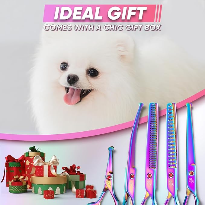 7" Dog Thinning Shears for Grooming, Multicolour Texturizing Scissors for Medium and Big Pets Japanese Stainless Steel 440C Sharp and Sturdy Grooming Shears for Novice and Professional Groomers