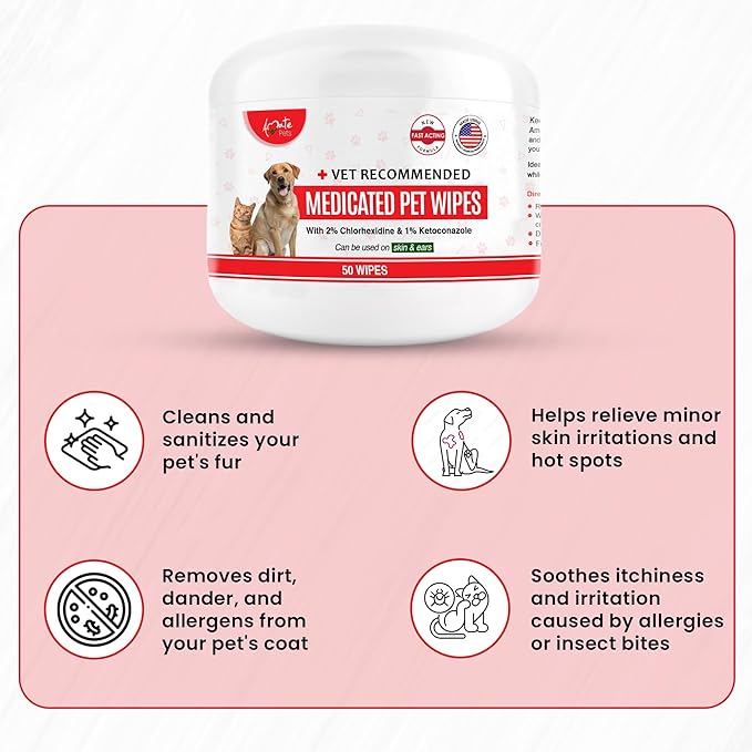 Amate Medicated Dog Wipes for Ear Skin & Coat - Pet Wipes for Dogs & Cats - 2.5” Small Wipes - Relieve Skin Issues, Hot Spots & Irritation - Pack of 50