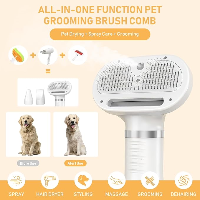 4-in-1 Pet Grooming Station: Steam Comb & Hair Dryer with Water Tank, 3 Heat Settings, Shedding Brush for Cats and Dogs, Home Washing Station, White