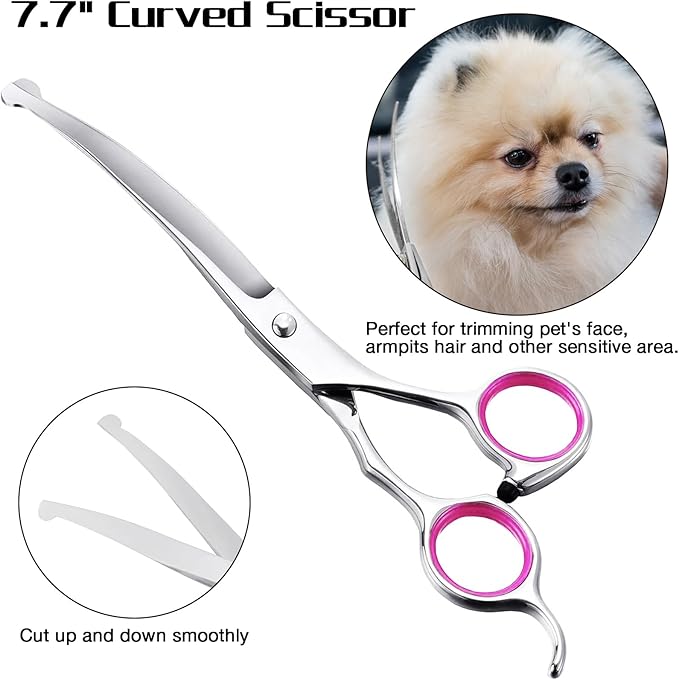 Professional Dog Grooming Scissors with Safety Round Tips, 5 in 1 Dog Grooming Scissors Kit, 4CR Stainless Steel Professional Pet Grooming Shears for Dog, Sharp and Durable, Pink