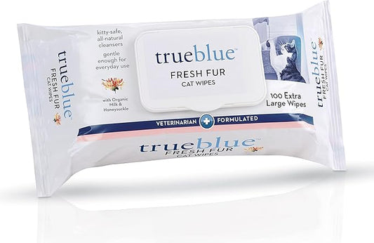 TrueBlue Milk & Honeysuckle Fresh Fur Cat Cleaning Wipes - Pre-Moistened Cleansing Pads for Cleaning Dirty Paws, Coats, Cats, Kittens – Extra Large – 8”x7” – 100 Count