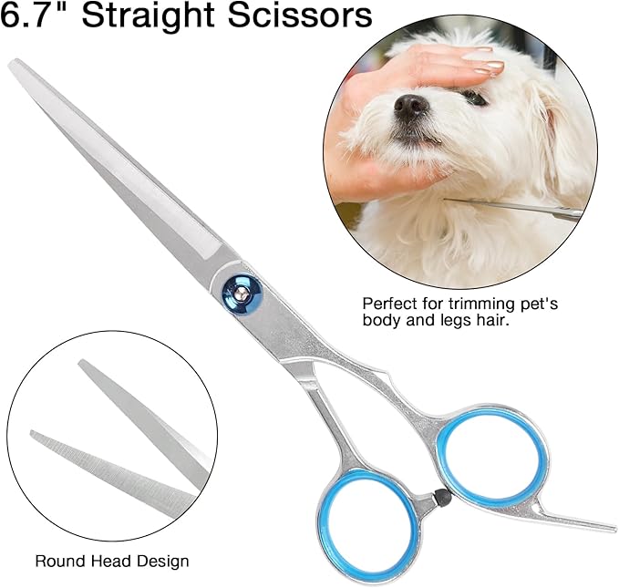 Premium Dog Grooming Scissors with Safety Round Tips, 5 in 1 Dog Grooming Scissors Kit, 4CR Stainless Steel Premium Pet Grooming Shears for Dog, Sharp and Durable, Blue