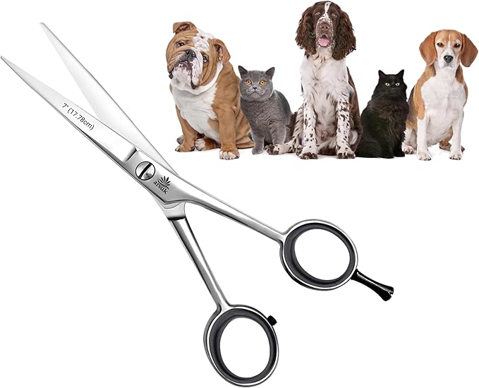 ARSUK Dog Grooming Scissors 7-Inch – Professional Pet Hair Cutting Shears for Dogs, Cats & Horses – Straight Stainless Steel Trimming Scissors with Rubber Grip & Finger Rest