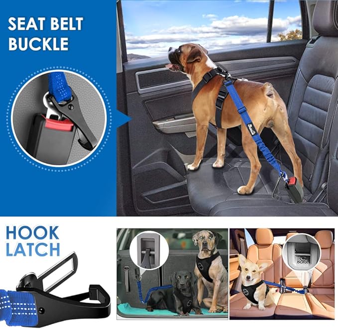 Lukovee Dog Seatbelt Leash for Cars, 2 Pack Pet Safety Car Seat Belt with Adjustable Buckle & Reflective Bungee, Connect Dog Harness in Vehicle Car Dogs Restraint Travel Daily Use (Blue)