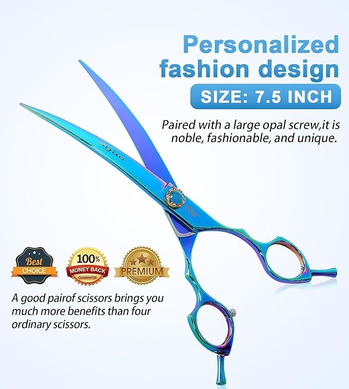 7.5'' Dog Curved Scissors for Grooming 440C Stainless Steel Green Professional Pet Trimming Scissors Sharp Blades Cutting for Dogs and Cats Shears