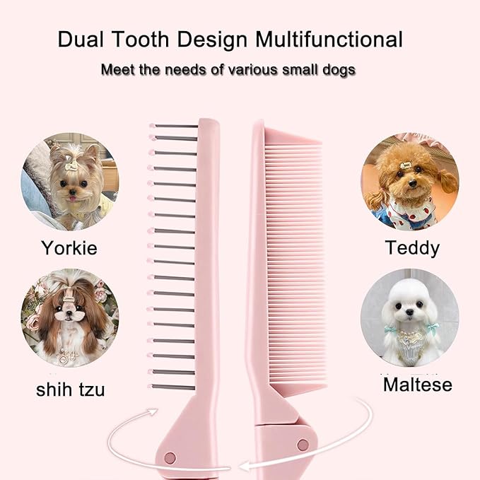 Folding Small Dog Grooming Brush - Perfect for Shih Tzus, Yorkies, and Maltipoos - Ideal Puppy Hair Brushes for Maltese and Small Breeds(Pink)