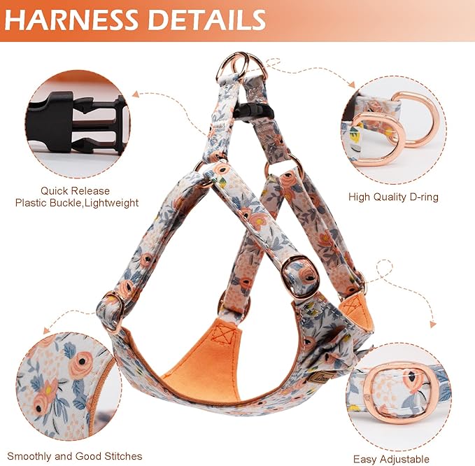 No Pull Small Dog Harness and Leash Set, Soft Adjustable Floral Puppy Dog Harness Vest for Extra Small-Medium Pet Dogs and Cat, Orange Flower, Medium