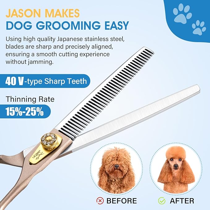 JASON Professional Dog Grooming Scissors - 7 Inch Thinning Shear Japanese 440C Stainless Steel Diamond Screw with 40 Teeth Dog Blender Scissors