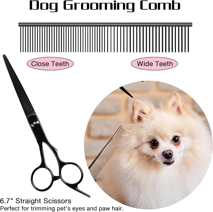 Premium Dog Grooming Scissors with Safety Round Tips, 6 in 1 Dog Grooming Scissors Kit, 4CR Stainless Steel Premium Pet Grooming Shears for Dog, Sharp and Durable, Black