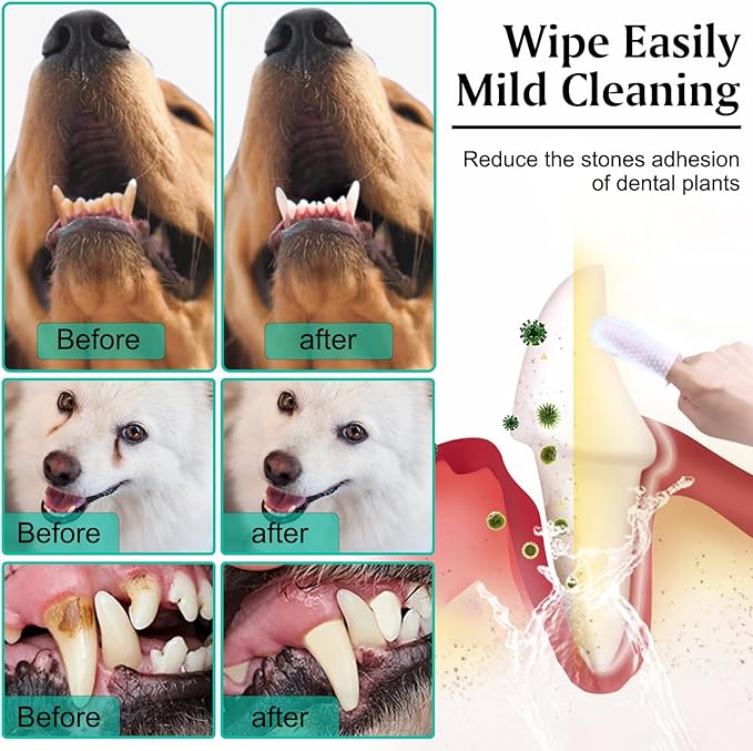 Dog Teeth Cleaning Wipes, Teeth Cleaning Wipes for Dogs & Cats, Remove Bad Breath by Removing Plaque and Tartar Buildup No-Rinse, Dog Finger Toothbrush, Veterinarians Recommend Disposable Pet Wipes