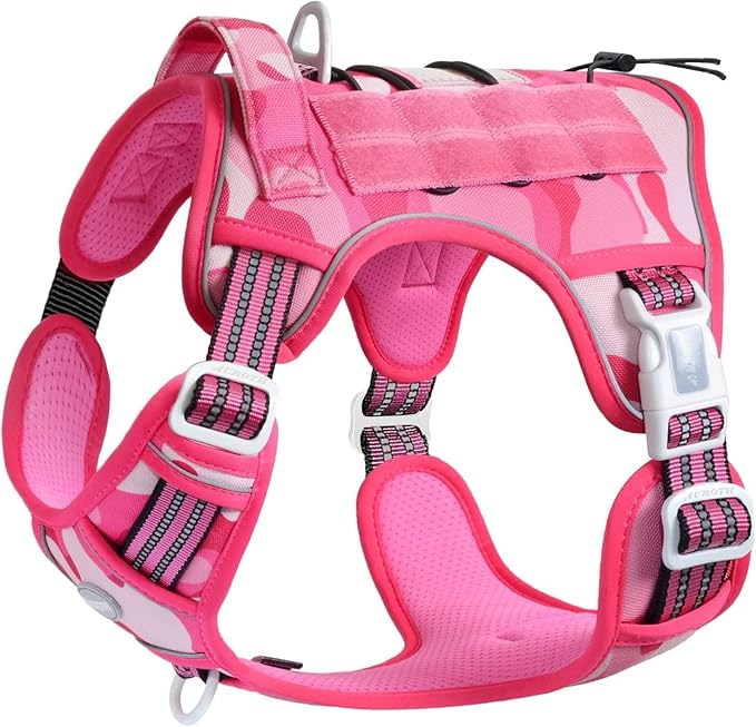 Auroth Tactical Dog Harness for Small Medium Large Dogs No Pull Adjustable Reflective K9 Working Training Easy Control Pet Vest Military Service Harnesses, Pink Camo